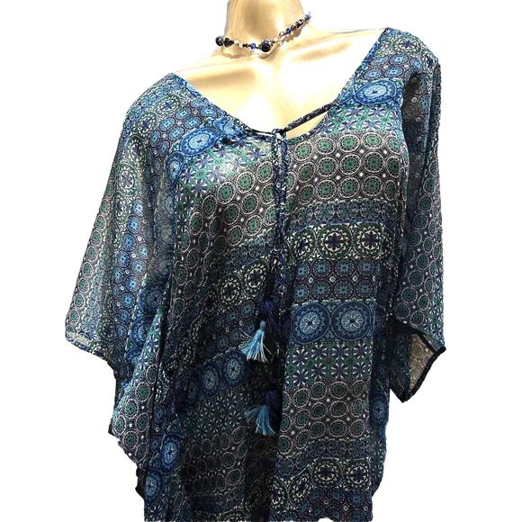 Women’s Rod Beattie Peasant Blue Sheer Boho Caftan Top Size Medium 8 10 - Picture 1 of 11